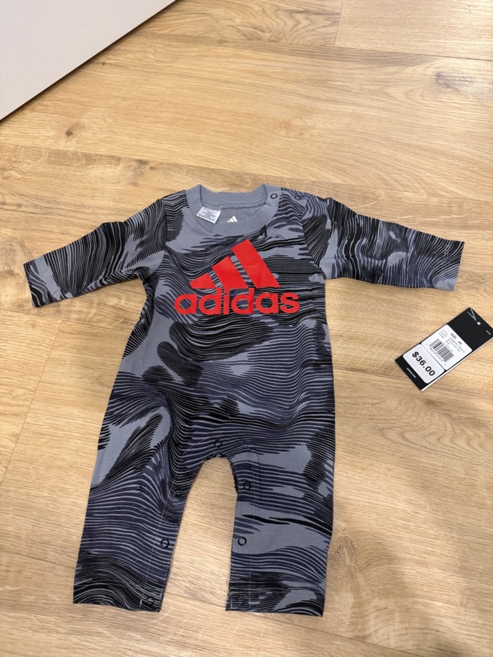 adidas Gray and Black Long-Sleeve Baby One-Piece with Red Logo